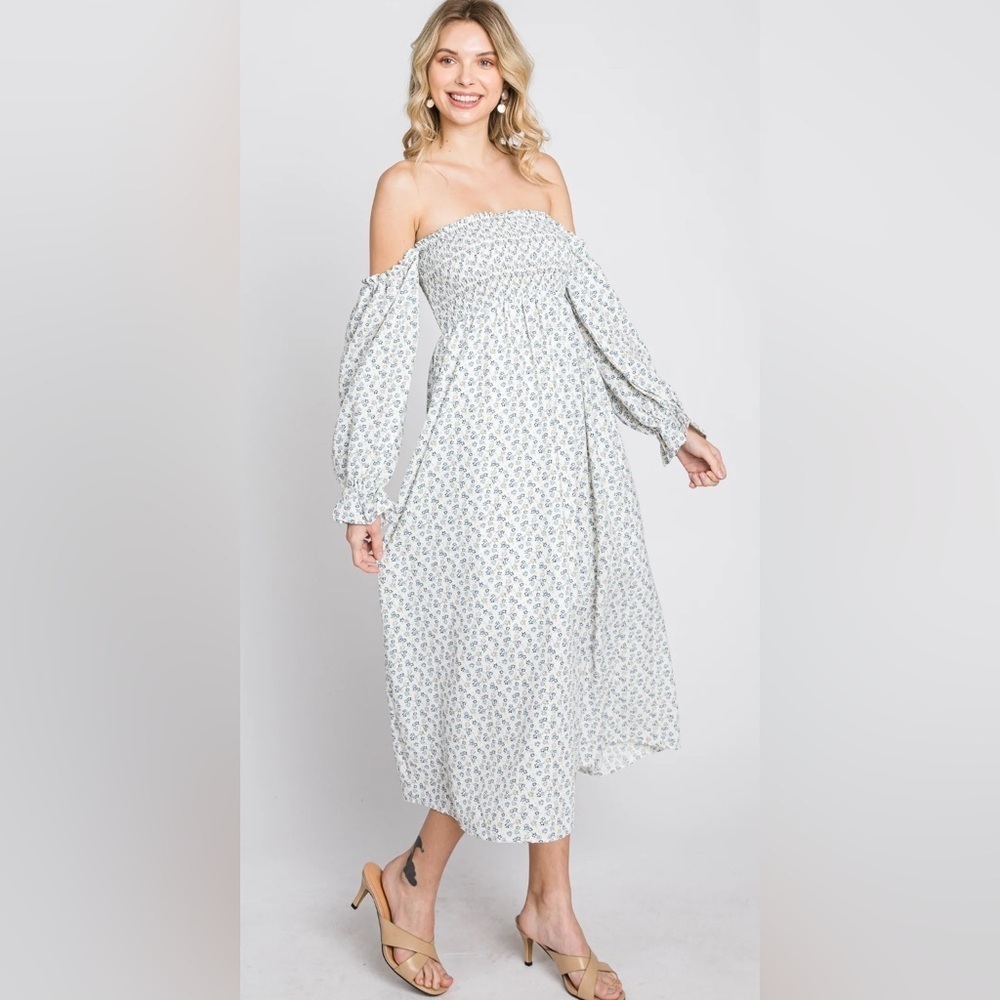 Entro Smocked Ditsy Floral Off-The-Shoulder Midi Dress Pockets Summer Size Large